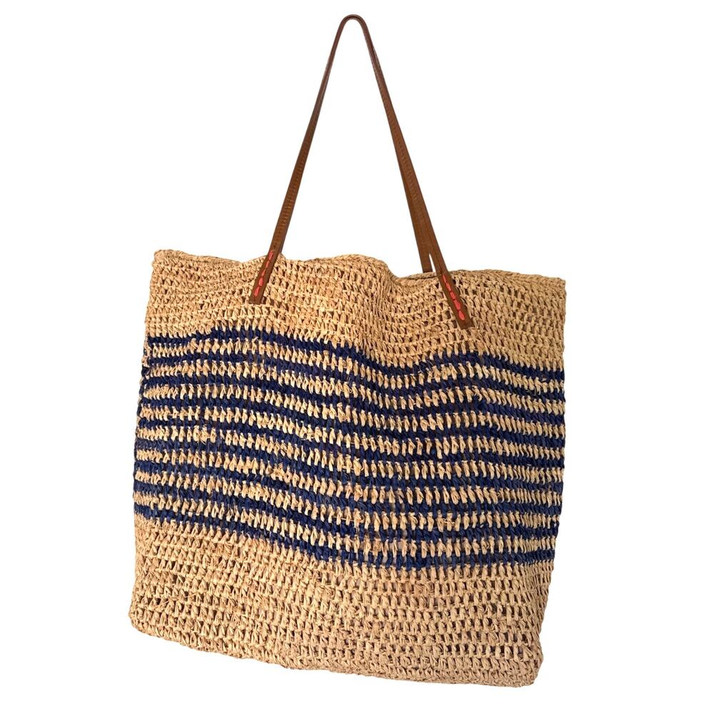 Michael Stars Striped Straw Beach Tote Bag Tan and Navy Blue Packable